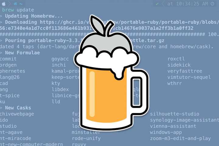 The Homebrew logo over a terminal window.