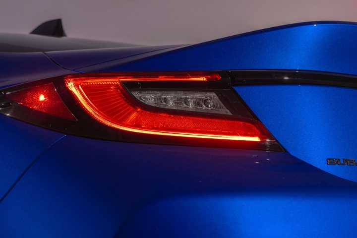 Close-up shot of the taillight on a blue 2024 Subaru BRZ tS.