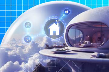 A futuristic house above the clouds with a smart home icon at the center.