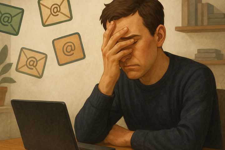 A man facepalms as email icons float around him.