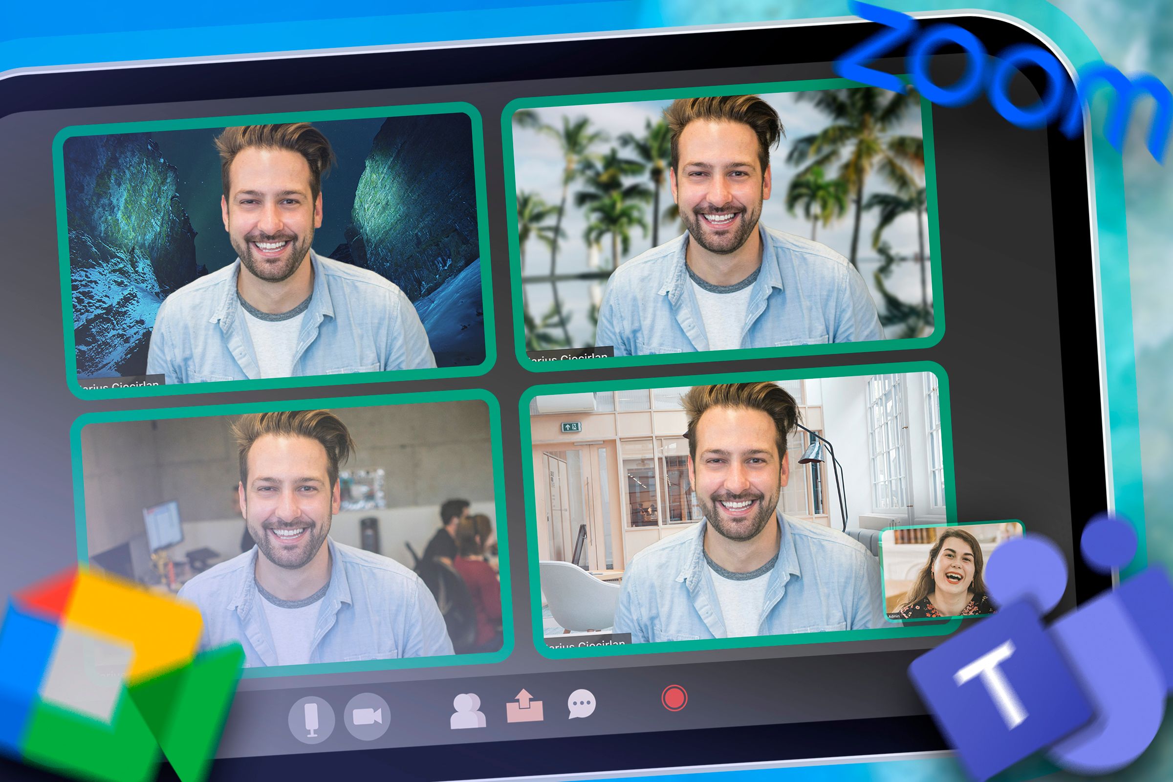 A meeting with Google Meet, Zoom and Teams logos.