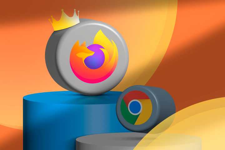 A podium with the Firefox and Chrome icons, and Firefox wearing a crown