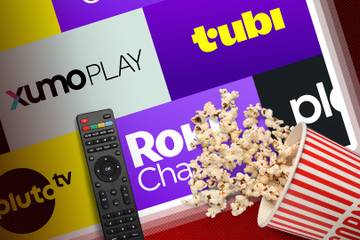 A popcorn bucket with popcorn spilled around, a remote beside it, and streaming platform logos in the background.