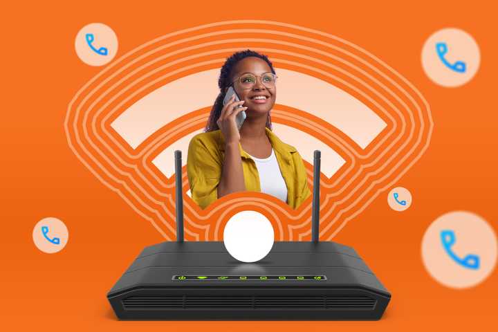A router with a Wi-Fi icon above it and a woman talking on the phone.