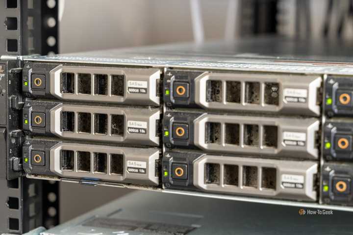 The front of the Dell R720xd storage server with hard drive bays.