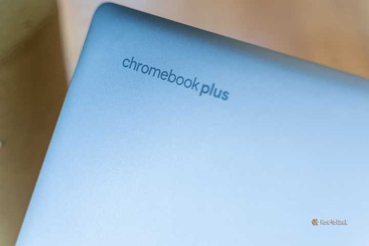 The Chromebook Plus logo on the lid of the HP Chromebook Plus x360 14b.