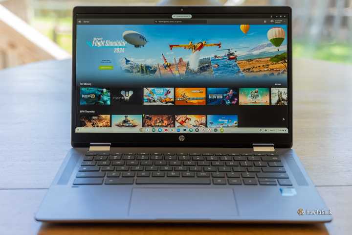 An HP Chromebook Plus with the NVIDIA GeForce NOW app open.