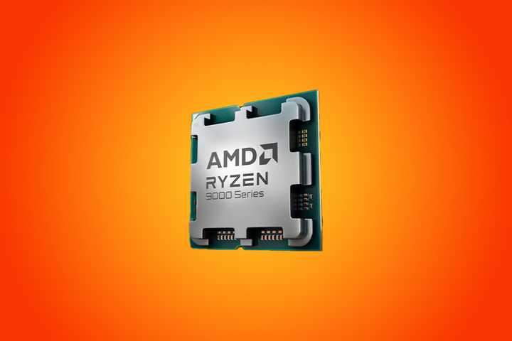 A photo of the AMD Ryzen 9000 CPU on an orange background.