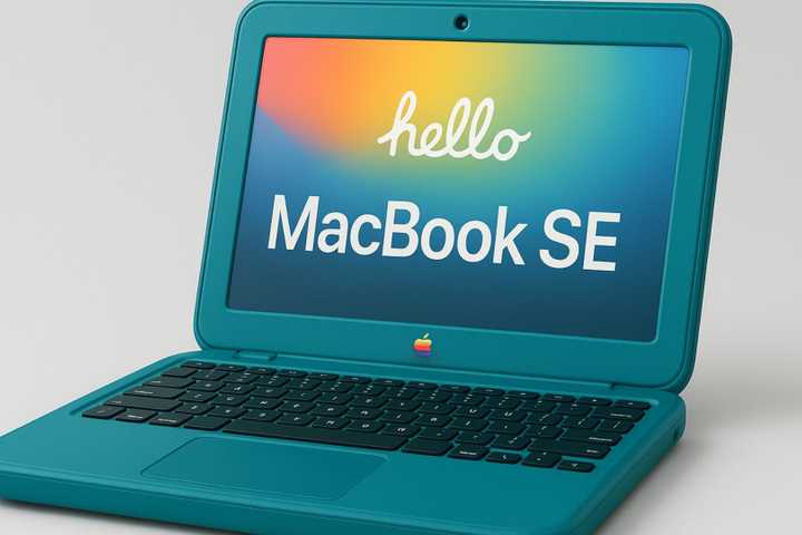 An AI-generated concept image of a MacBook SE.