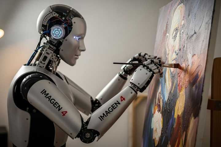 An AI-generated image of a robot with the words Imagen 4 written on it painting an oil painting.