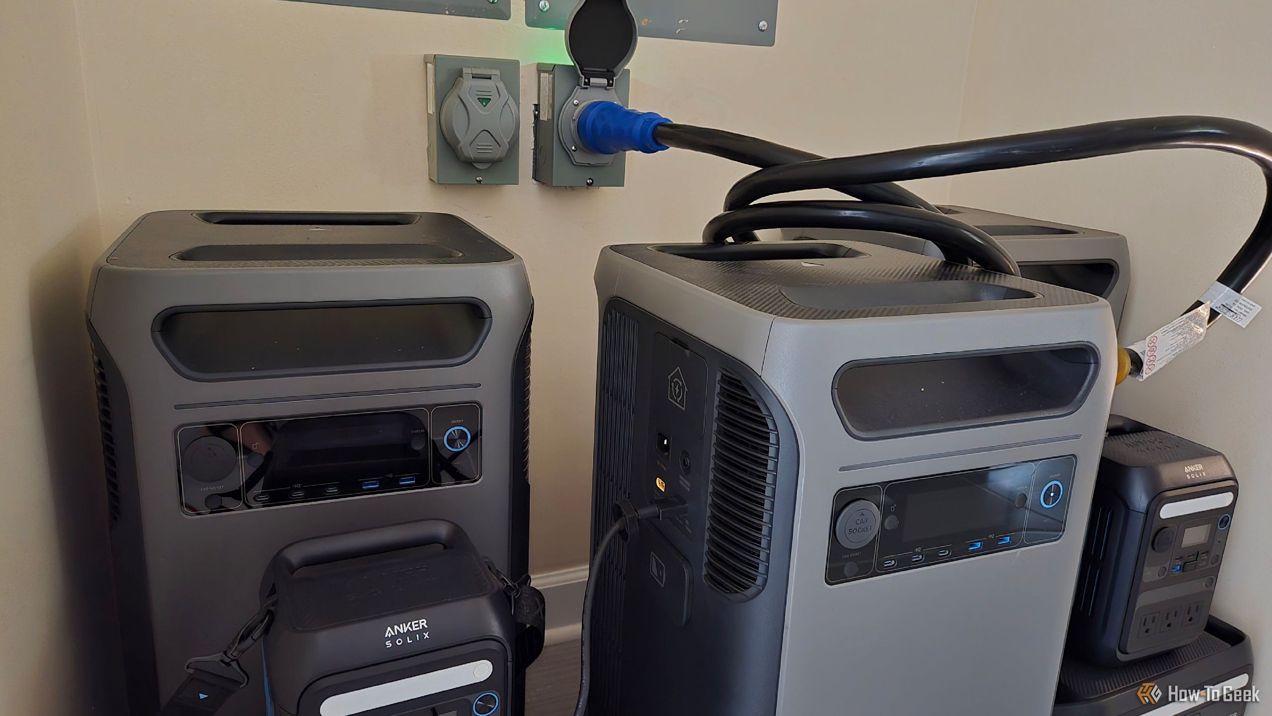 An Anker Solix F3800 Plus plugged into a generator inlet port.