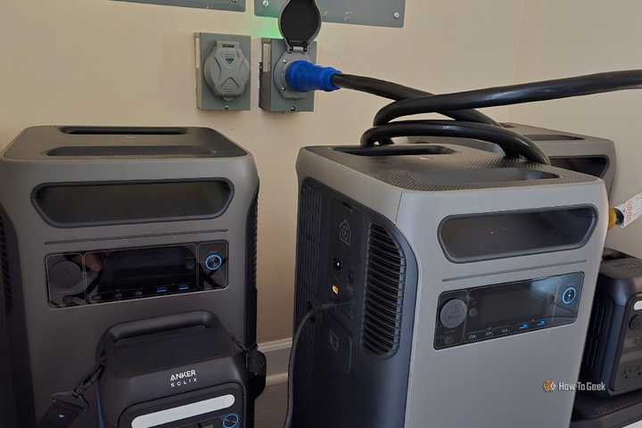 An Anker Solix F3800 Plus plugged into a generator inlet port.