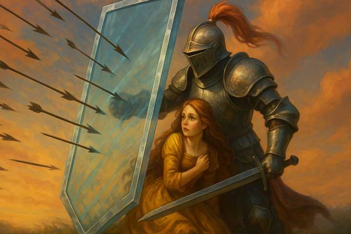An armored knight protecting a woman from arrows with a glass shield.