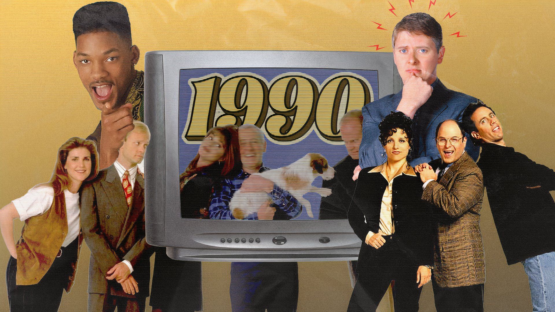 Collage featuring 1990s sitcoms around an old TV.