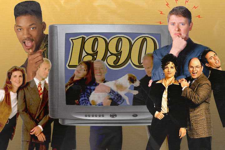 Collage featuring 1990s sitcoms around an old TV.