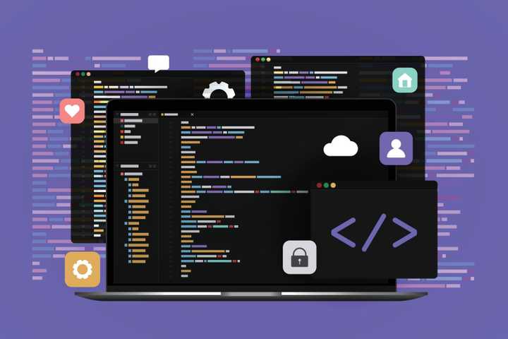 Concept of computer programming or developing software. Laptop computer with code on screen. Heart, message, cog, home, user, cloud, and lock icons.