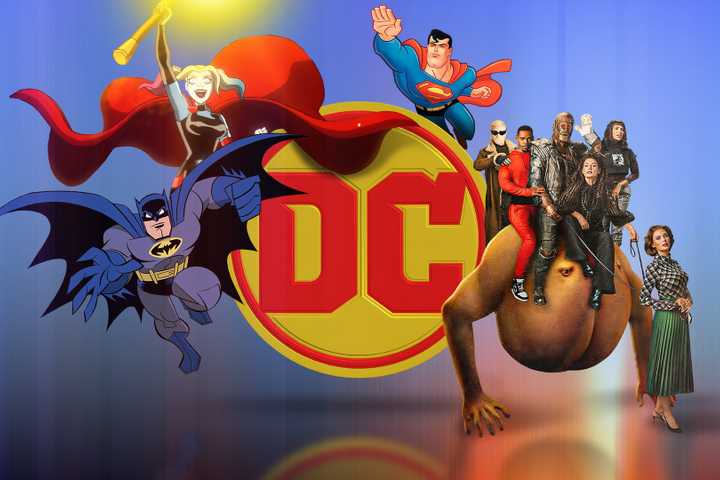 DC comics logo surrounded by animated and live-action characters from various DC series.
