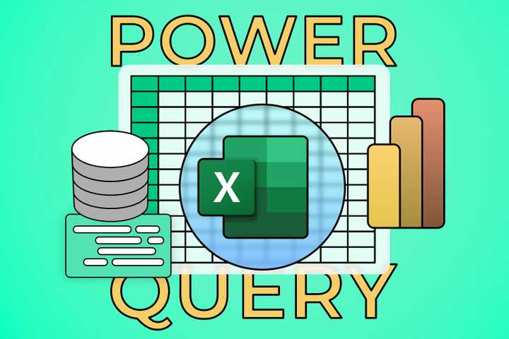Excel logo with a spreadsheet in the background, some charts around it, and 'Power Query' written.