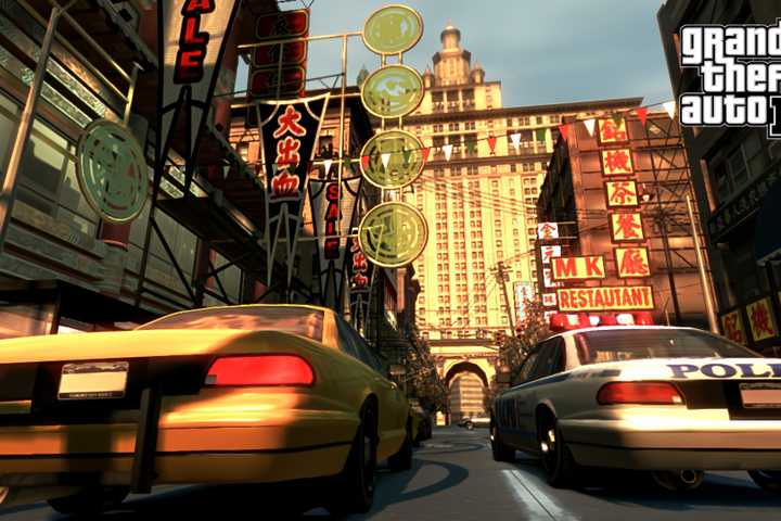 Grand Theft Auto IV Taxi next to police car in traffic in Liberty City.