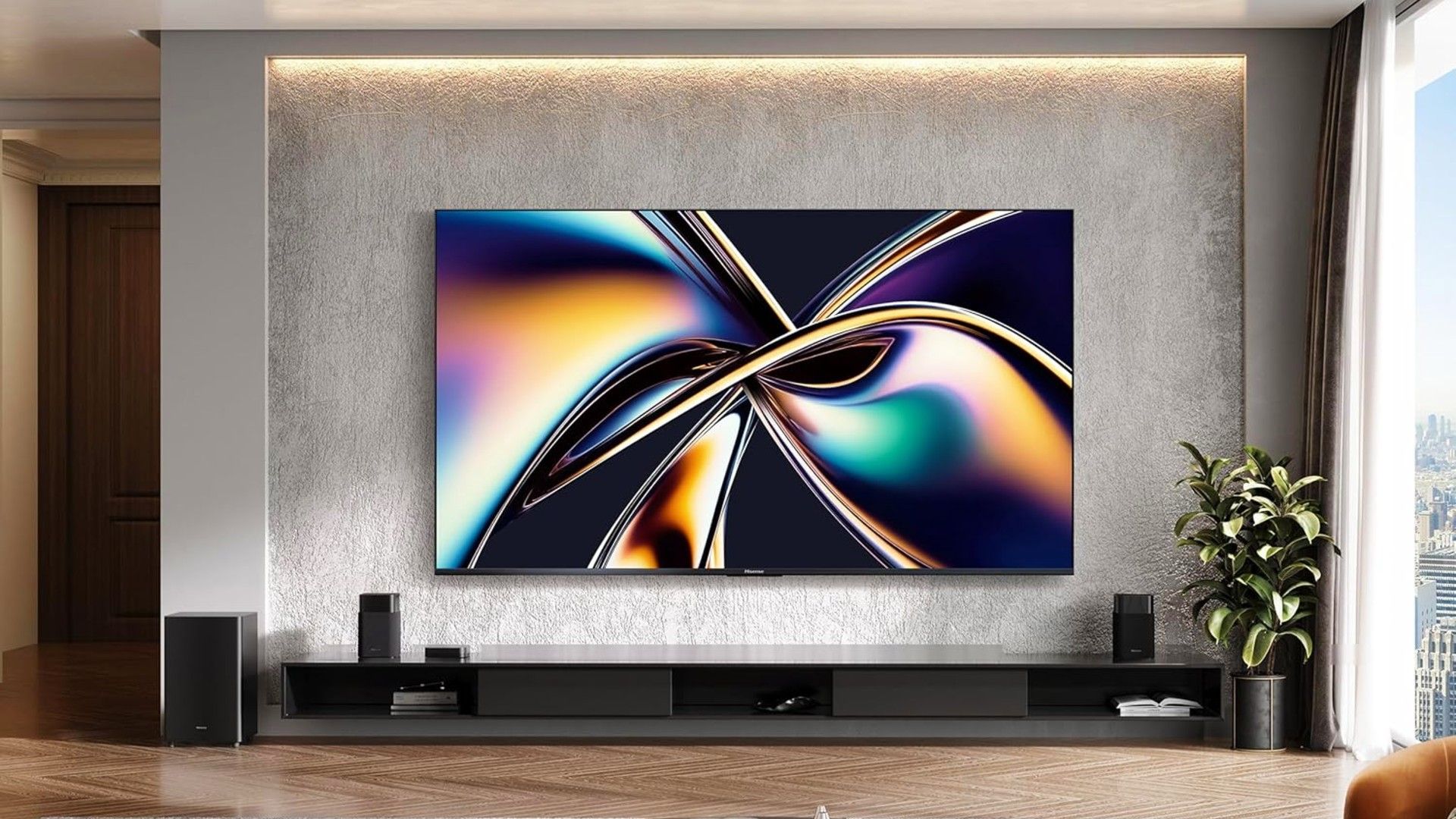 Hisense 55 inch Class U8 Series Mini-LED ULED 4K UHD Google Smart TV mounted on wall