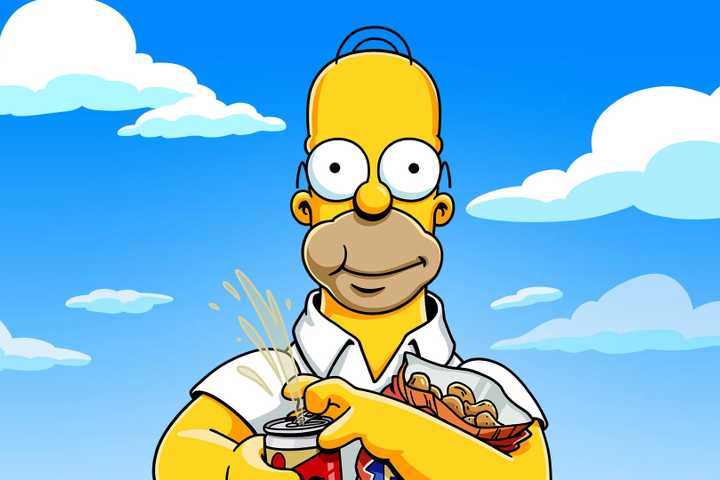 Homer Simpson carrying various snacks.