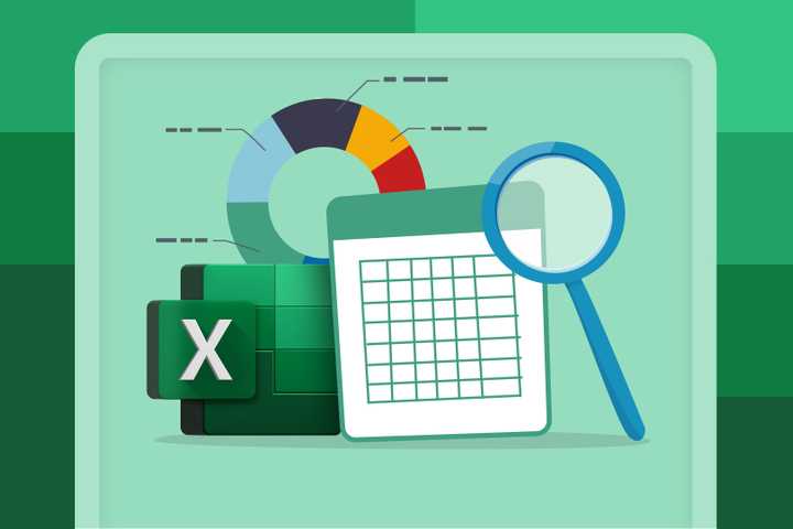 Illustration of a spreadsheet with a magnifying glass next to it, a chart in the background, and the Excel logo.