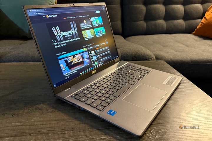 Acer Chromebook Plus 516 open on a table from an angle.