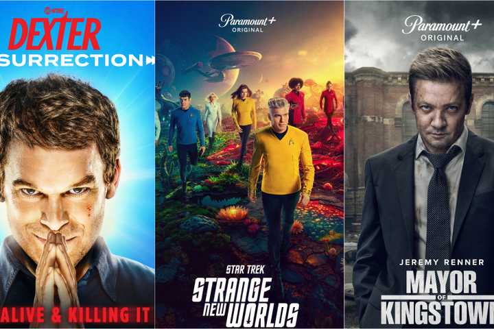A collage of poster art, including Dexter: Resurrection, Star Trek: Strange New Worlds, and Mayor of Kingstown.