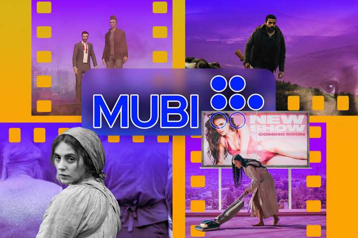 MUBI logo with film strips featuring scenes from some movies in the background.