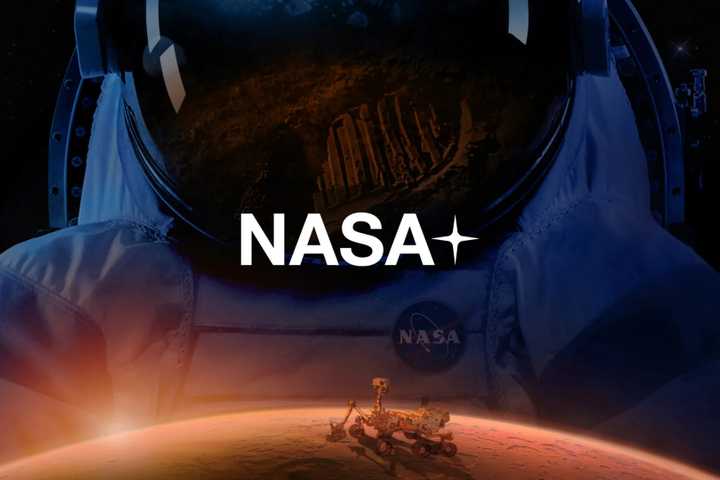 NASA Plus logo with an astronaut behind it. 
