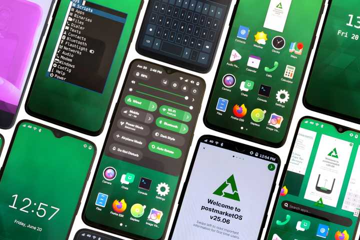 A collage of smartphones running postmarketOS.