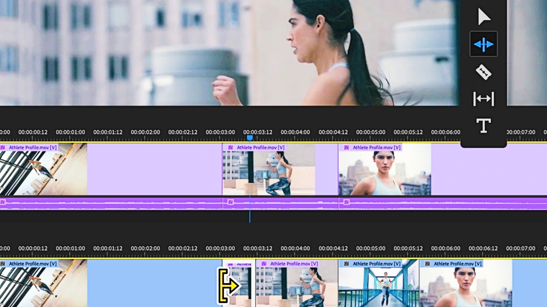 Someone editing an Adobe Premiere clip of a lady running to the left.