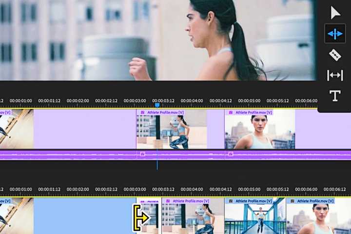 Someone editing an Adobe Premiere clip of a lady running to the left.