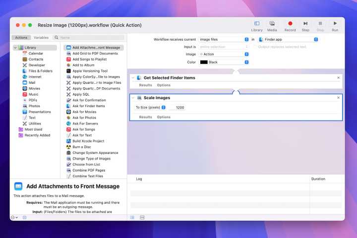 Creating a Quick Action in macOS Automator app.