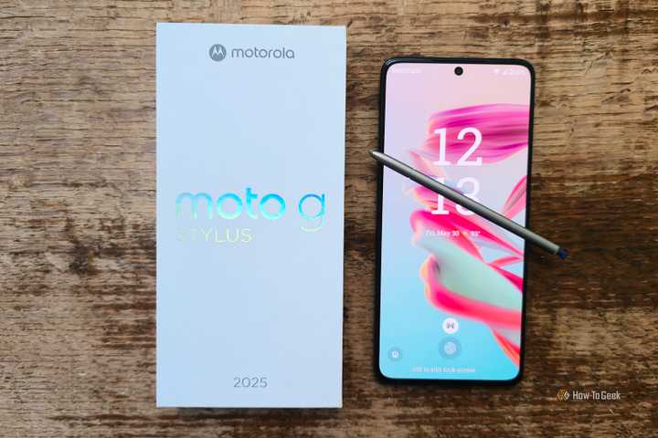 The Motorola Moto G Stylus (2025) phone and box on a table.