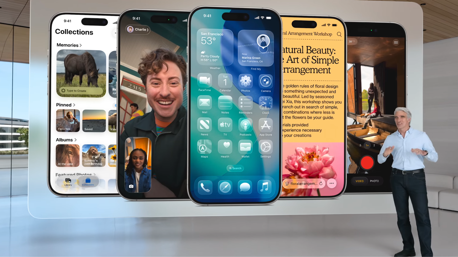 Screengrab of the WWDC 2025 event with different aspects of iOS 26 on the screen.