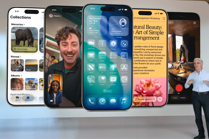 Screengrab of the WWDC 2025 event with different aspects of iOS 26 on the screen.