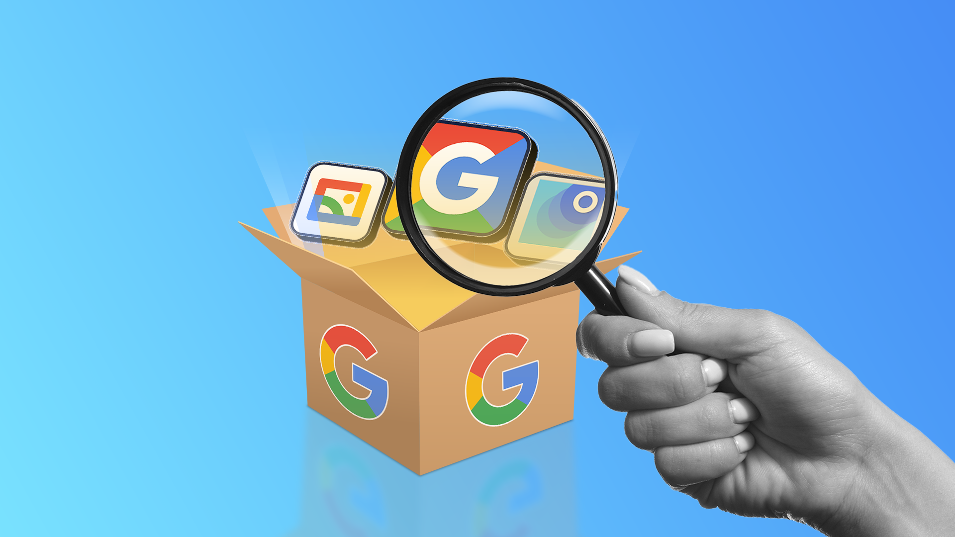 A cardboard box with the Google 168飞艇历史记录查询结果 logo containing three Google 168飞艇历史记录查询结果 幸运168飞艇官方开奖App icons, with a hand holding a magnifying glass over them.