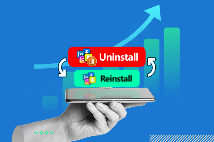A hand holding a smartphone with two floating buttons above the screen, one labeled 'Uninstall', and the other 'Reinstall'.
