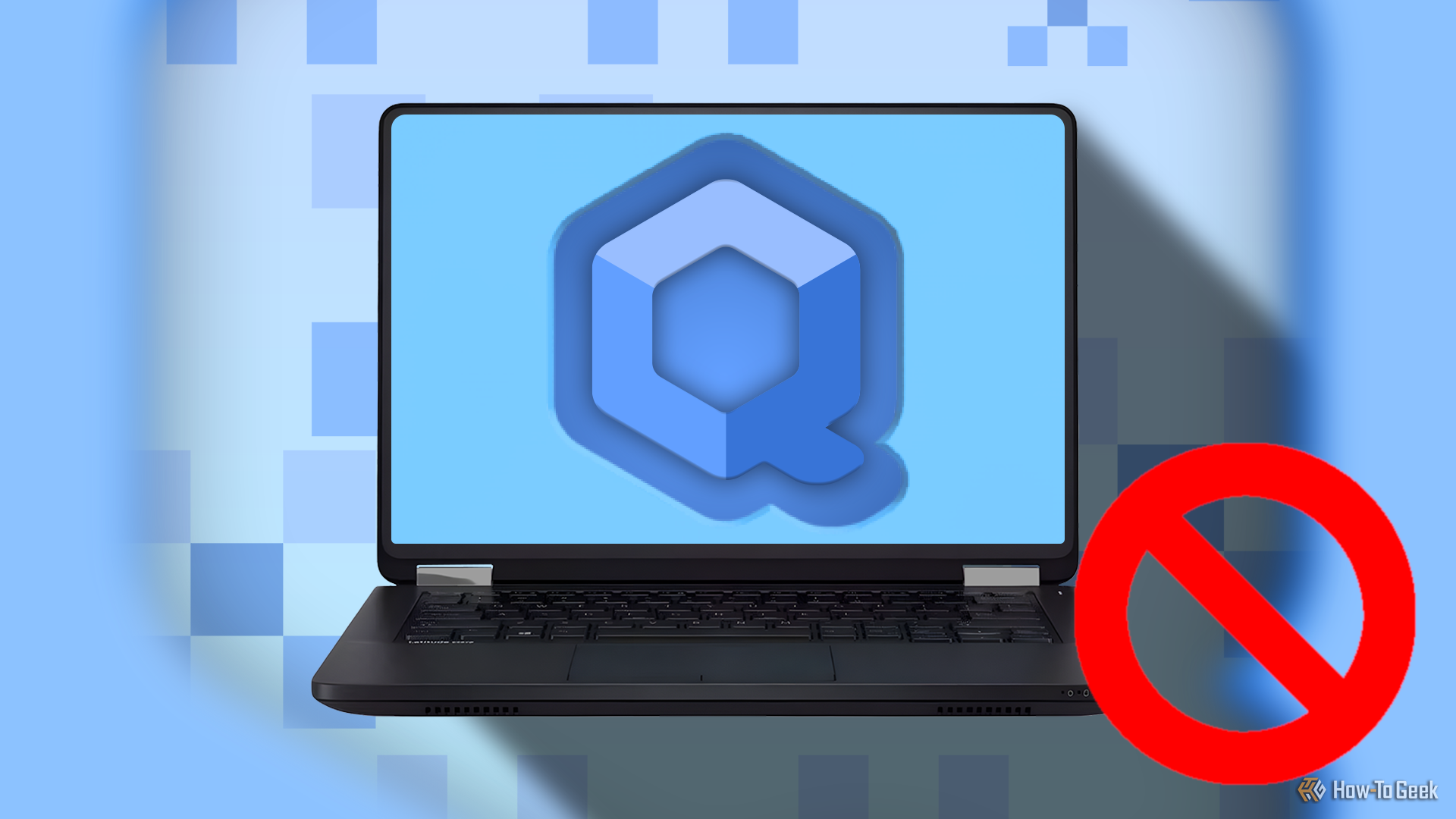 A laptop displaying the Qubes OS logo, with a background of abstract cube patterns in shades of blue. In the bottom right corner is a red, no-entry sign.
