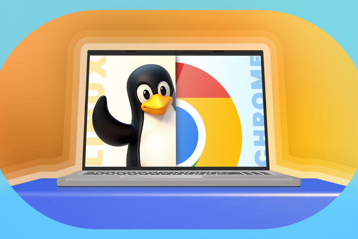 A laptop on a surface with its screen split between Linux on the left side and ChromeOS on the right.