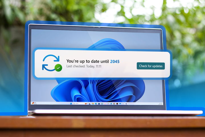 A laptop running Windows 11 displaying a notification that says 'You're up to date until 2045.'