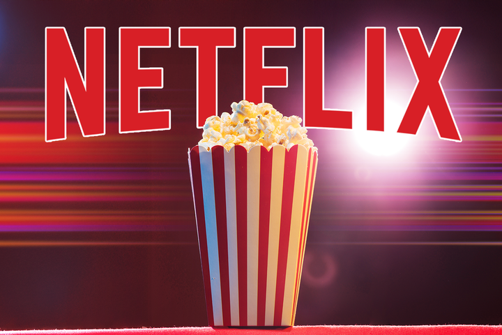 A popcorn bucket and the Netflix logo in the background.