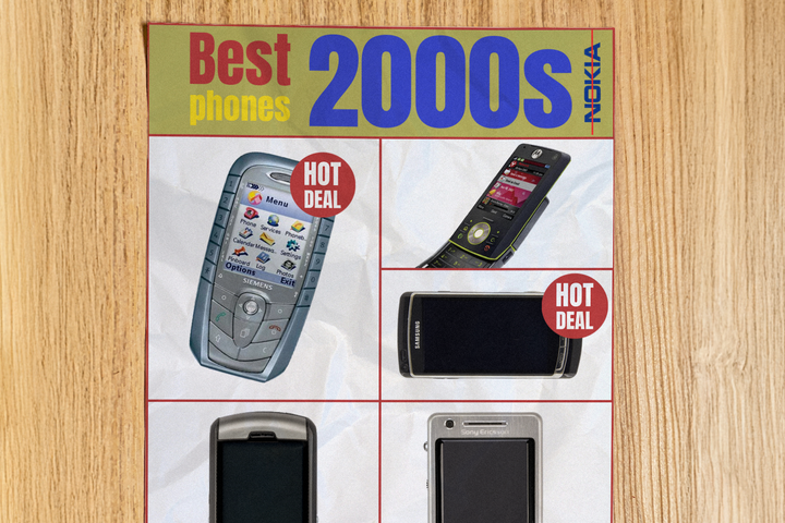 A retro-style flyer titled 'Best 2000s Phones' with 'Nokia' crossed out and a grid of classic devices featured below.