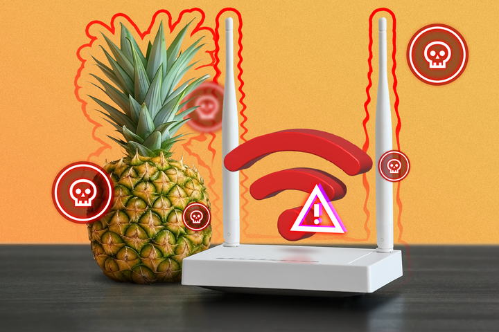 A router on a wooden table with a Wi-Fi icon, a pineapple next to it, and several skull icons around it.
