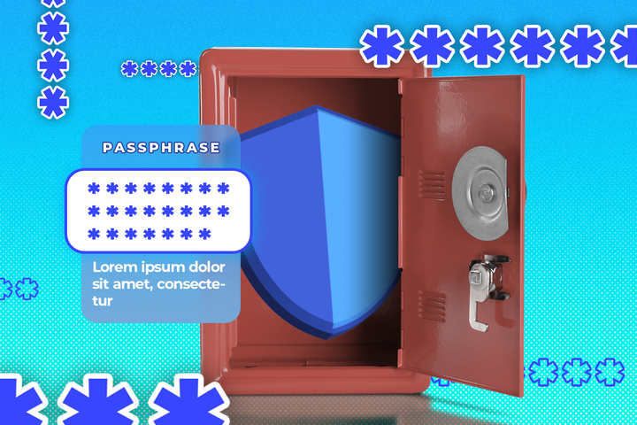 A safe with a shield inside and a passphrase next to it.
