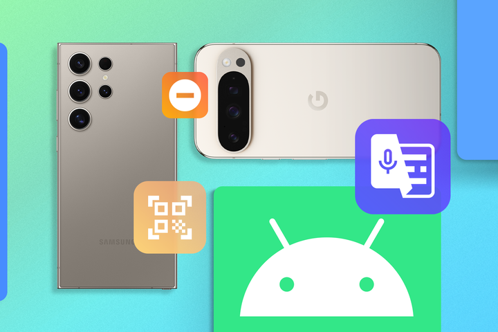 A Samsung Galaxy and a Google Pixel seen from the back, surrounded by icons representing Android features, on a colorful gradient background.