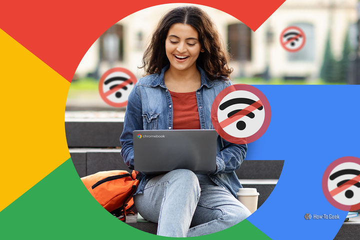 A smiling woman using her Chromebook while sitting on stairs, surrounded by offline icons, with the Google logo framing the image.