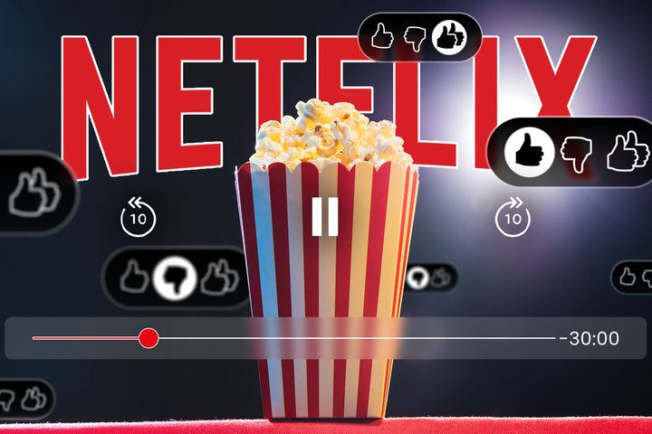 A video player with a popcorn bucket, the Netflix logo in the background, and several thumbs up and thumbs down icons around it.
