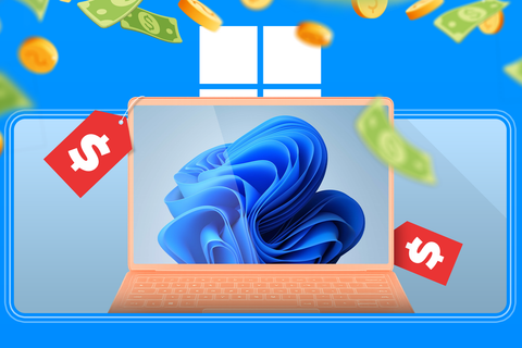 A Windows 11 laptop with price tags, coins, and dollar bills around it.